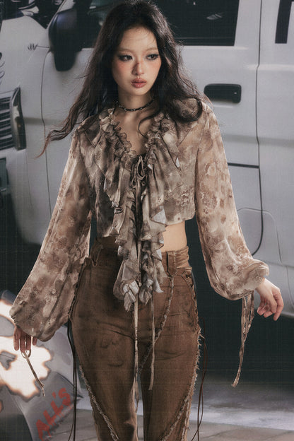 Blusa rétro con scollo a V e volant