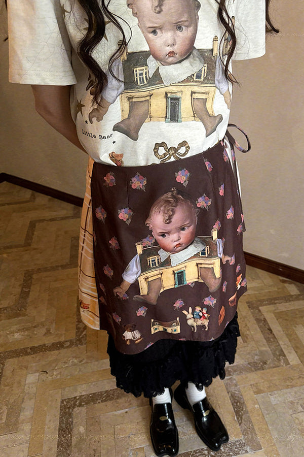 Transparent Doll Print Bowknot Apron Skirt