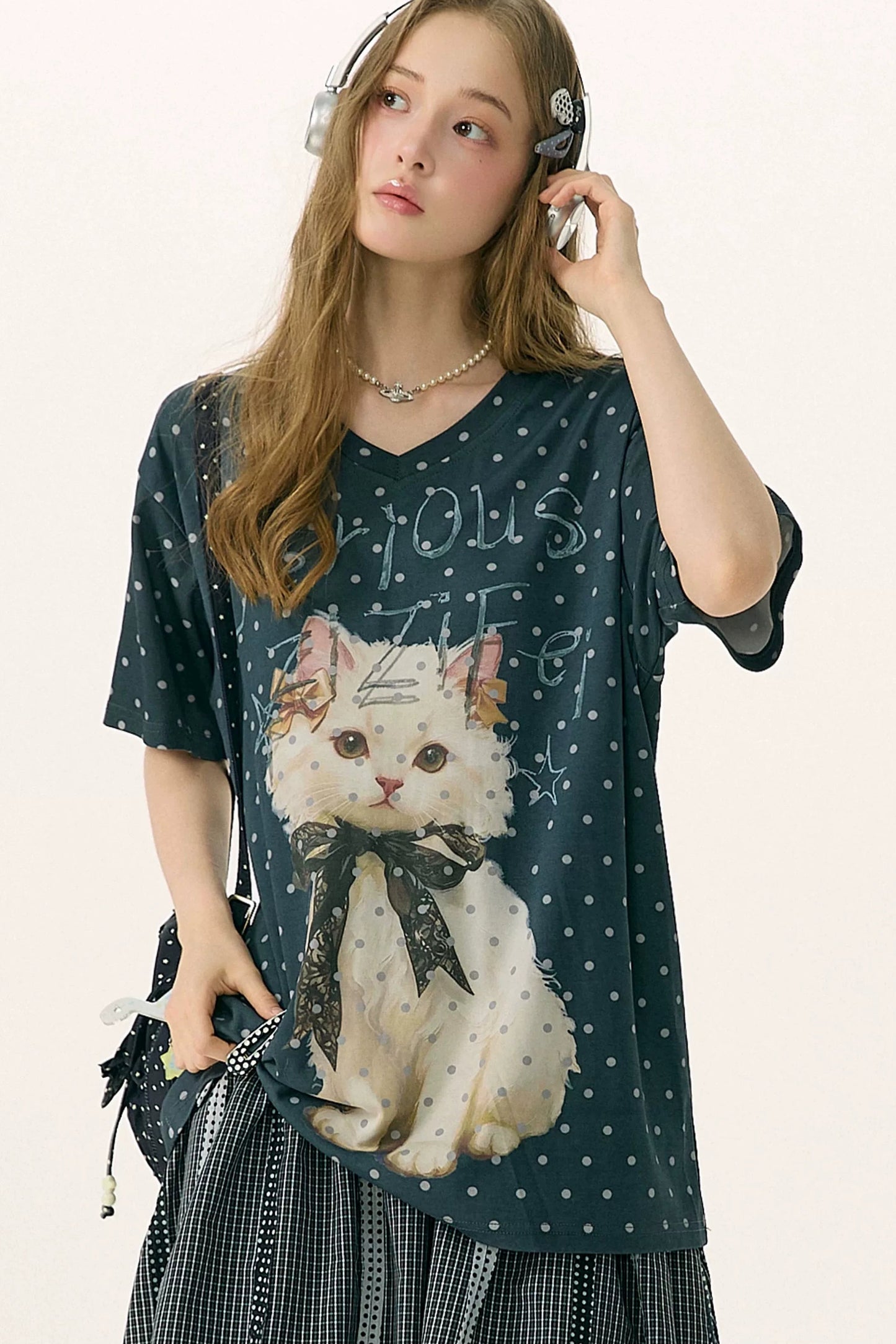Polka Dot Cat V-Neck Blouse