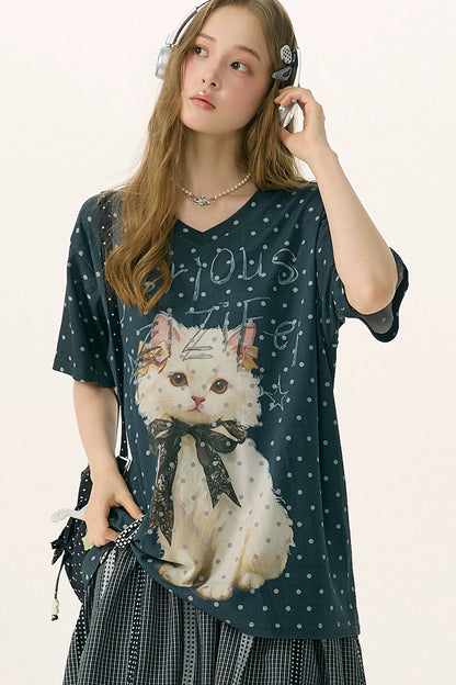 Polka Dot Cat V-Neck Blouse