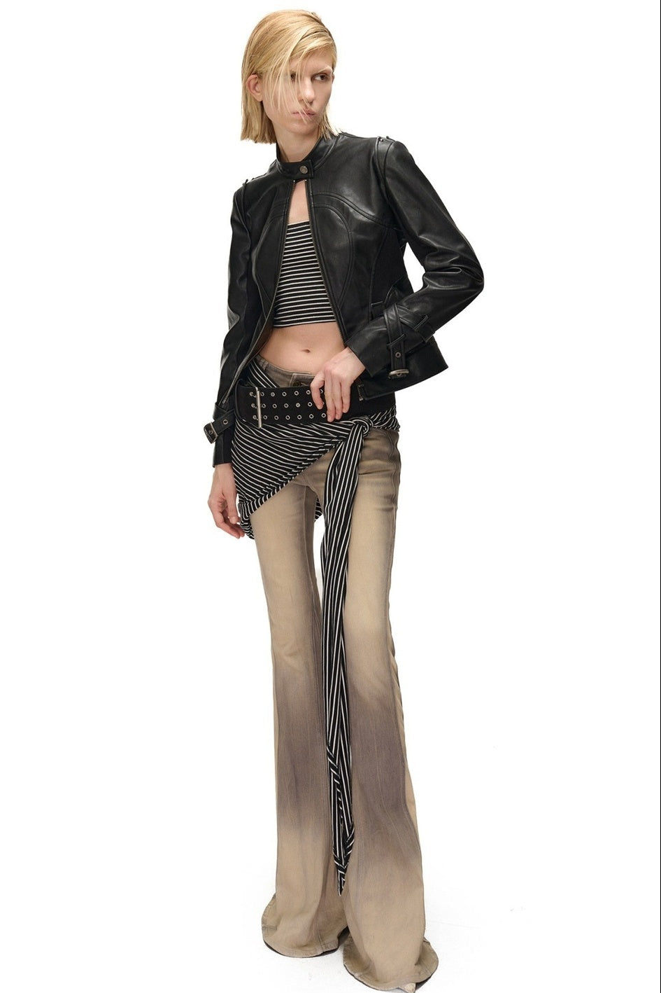 Slim-Fitting Functional Spliced PU Leather Jacket