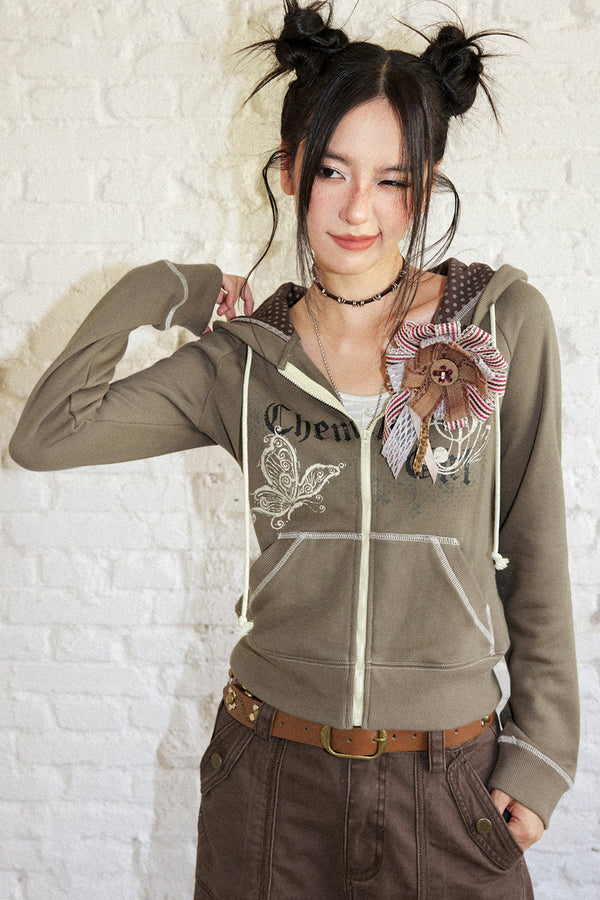 Butterfly Print Cotton Hooded Cardigan