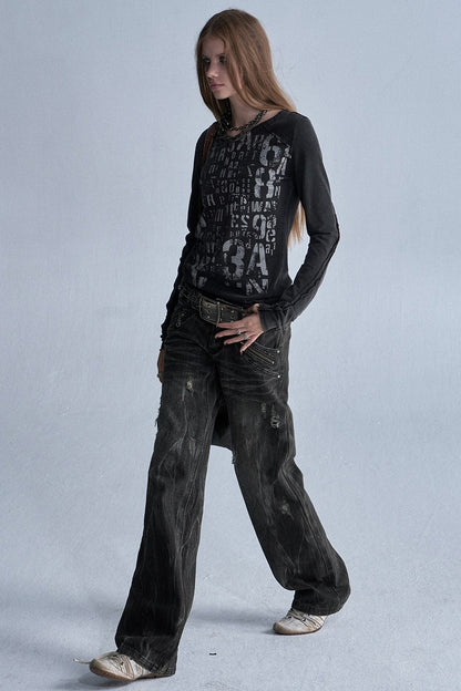 Asymmetrical Frayed All-Over Print Long-Sleeve T-Shirt
