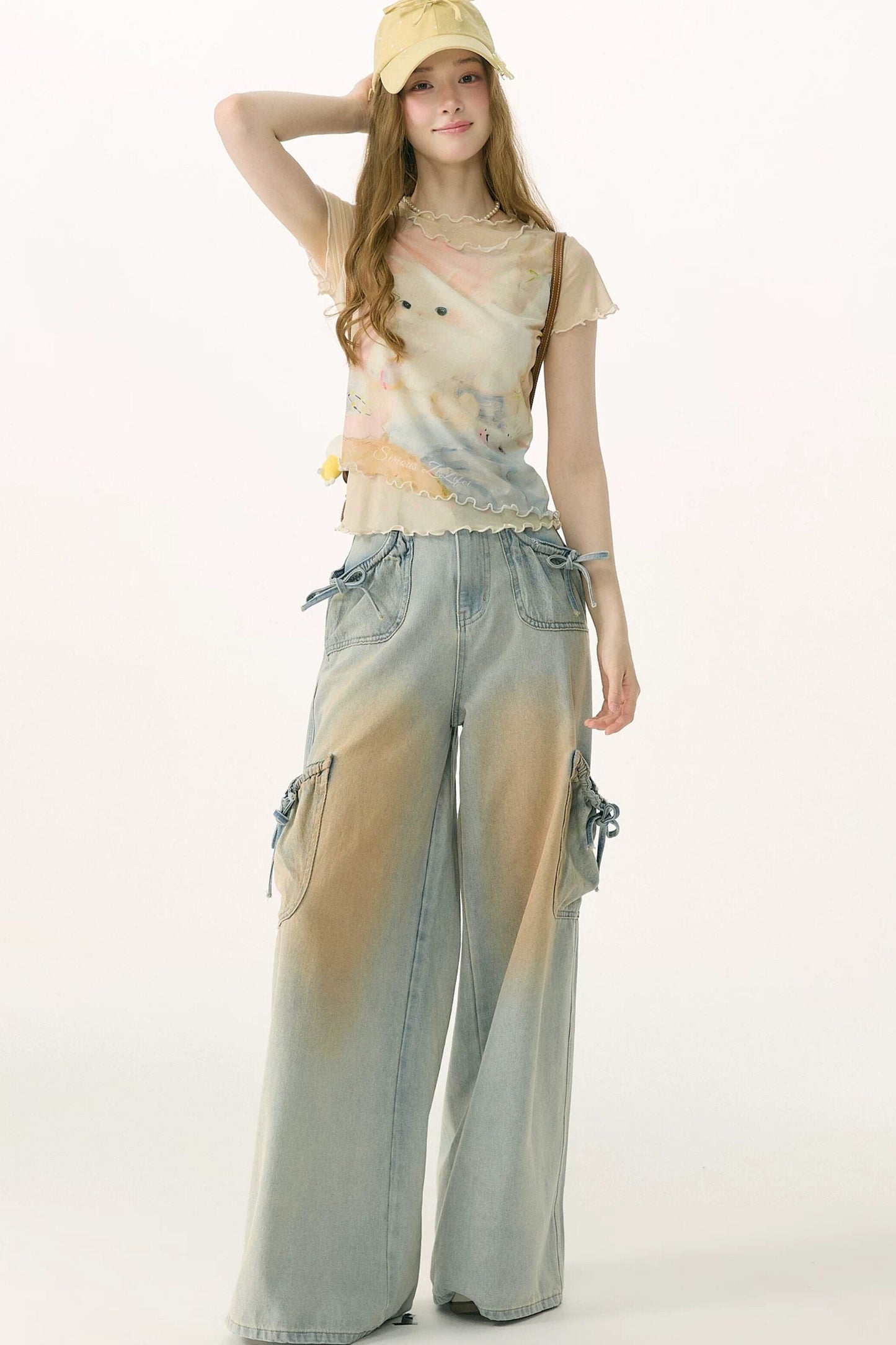 High-Waisted Bow-Knot Wide-Leg Denim Pants