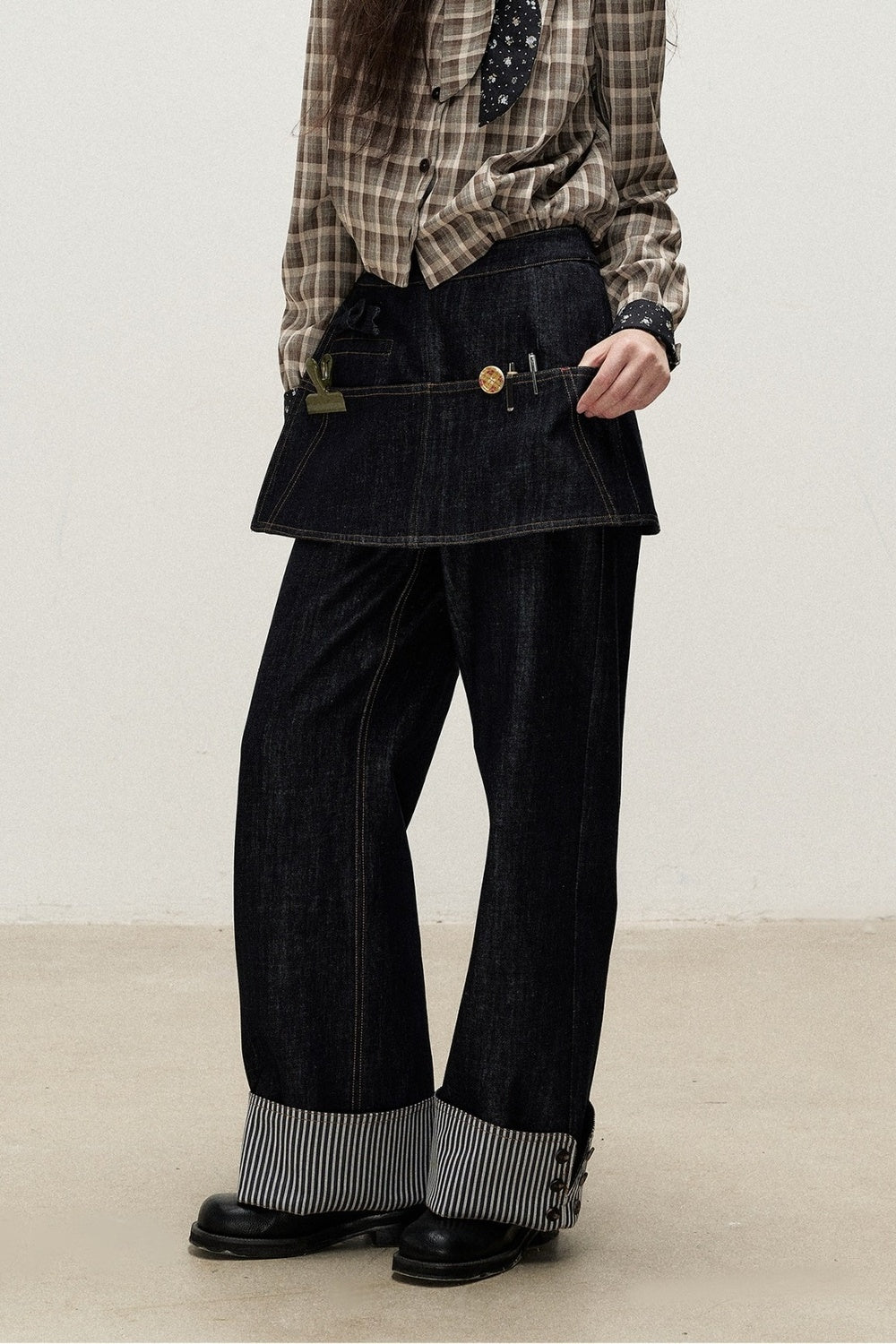 Detachable Apron Set Striped Cuffed Jeans