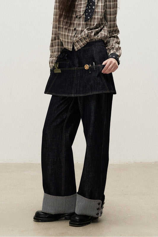Detachable Apron Set Striped Cuffed Jeans