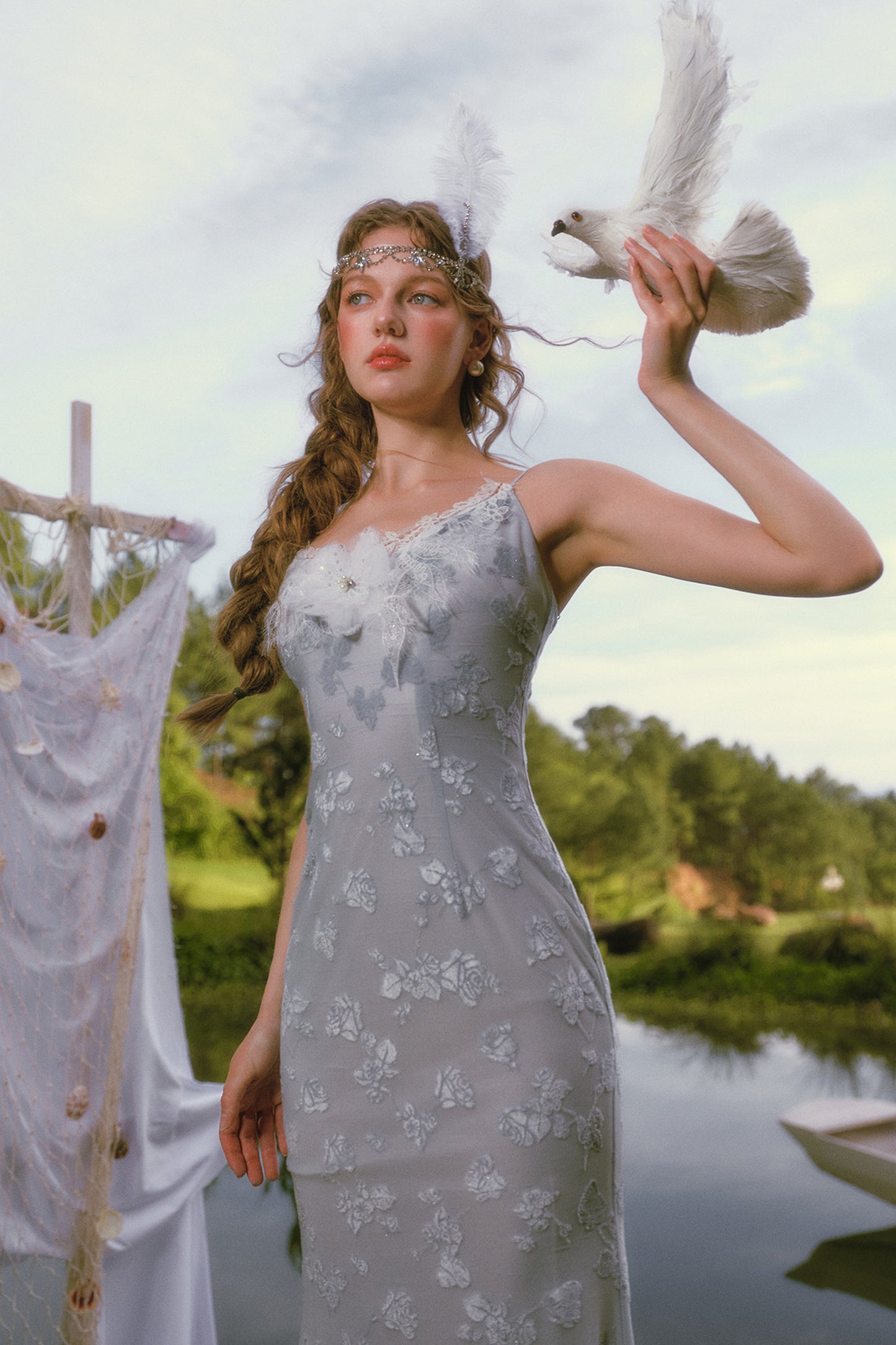Little Swan Floral Fishtail Dress Shawl Set-Up