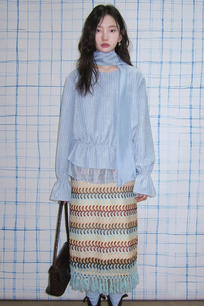 Moonlight Waterfall Long-Sleeve Ribbon Top and Skirt Set-Up