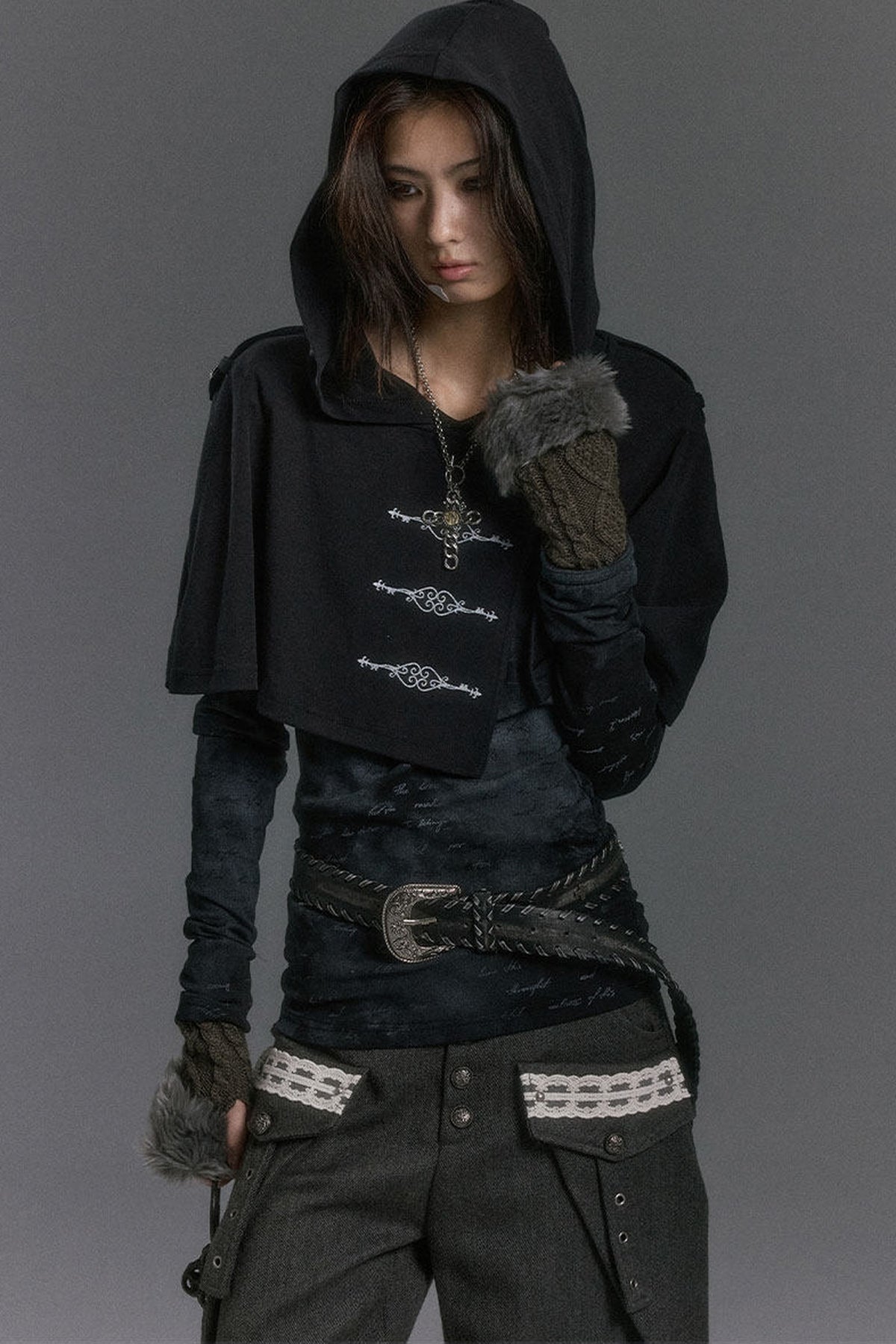 Silver Letter Print Hooded Knit Top