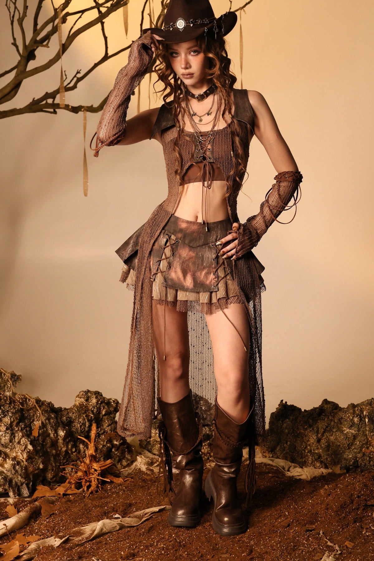 Ember Wasteland Mesh Hollow-Out Long Vest Set-Up