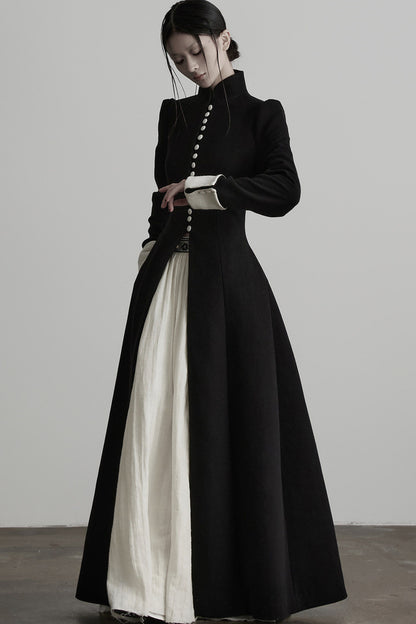 100% Wool Stand Collar Tie-Back Long Coat