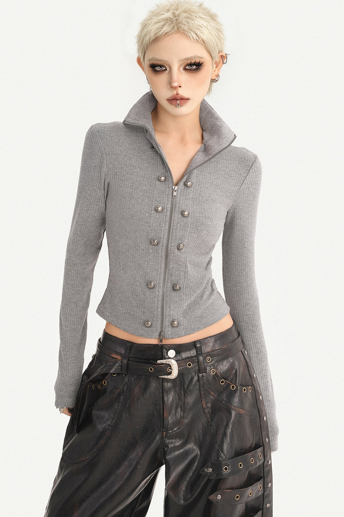 Grey Double-Breasted Zipper Knit Cardigan