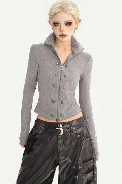 Grey Double-Breasted Zipper Knit Cardigan