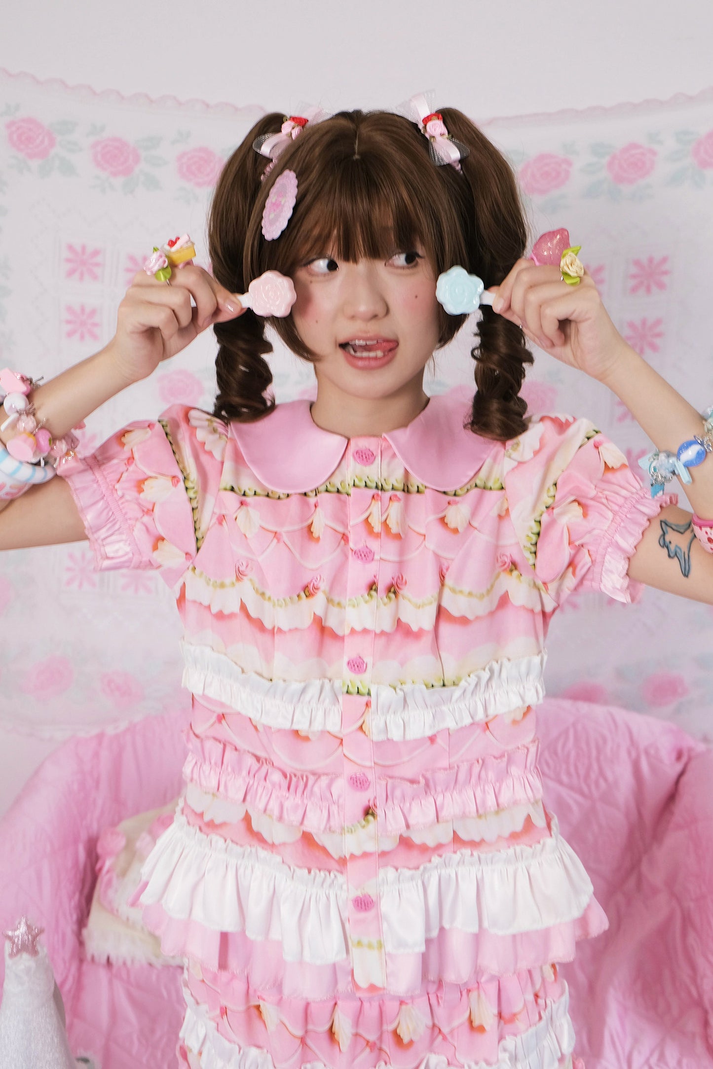 Rose Print Bubble Sleeve Blouse and Cake Skirt Set