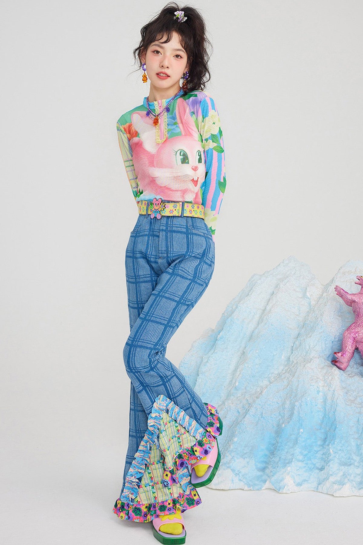 High-Waisted Plaid Patchwork Bell-Bottom Jeans