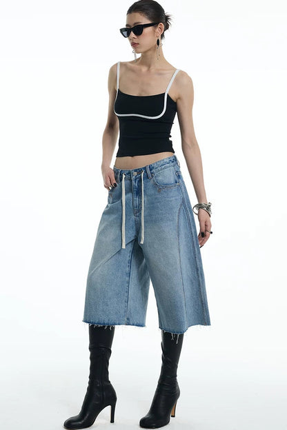 Embroidered Denim Mid-Length Pants