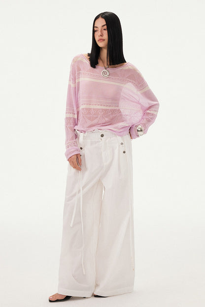Pink Knit Hollow-Out Crochet-Style Pullover Top
