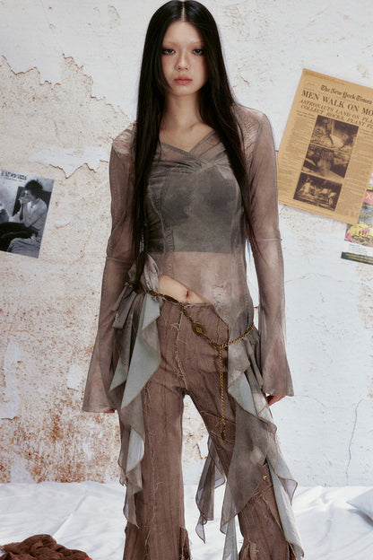 Semi-Sheer Ruffle Mesh Top