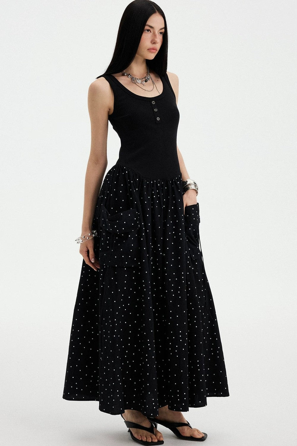 Sleeveless Polka Dot A-Line Maxi Dress