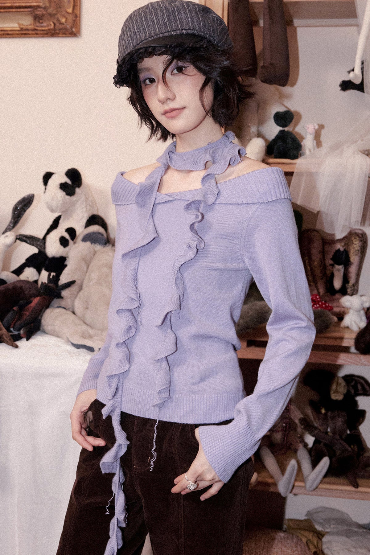 Off-Shoulder Cuffed Knit Top