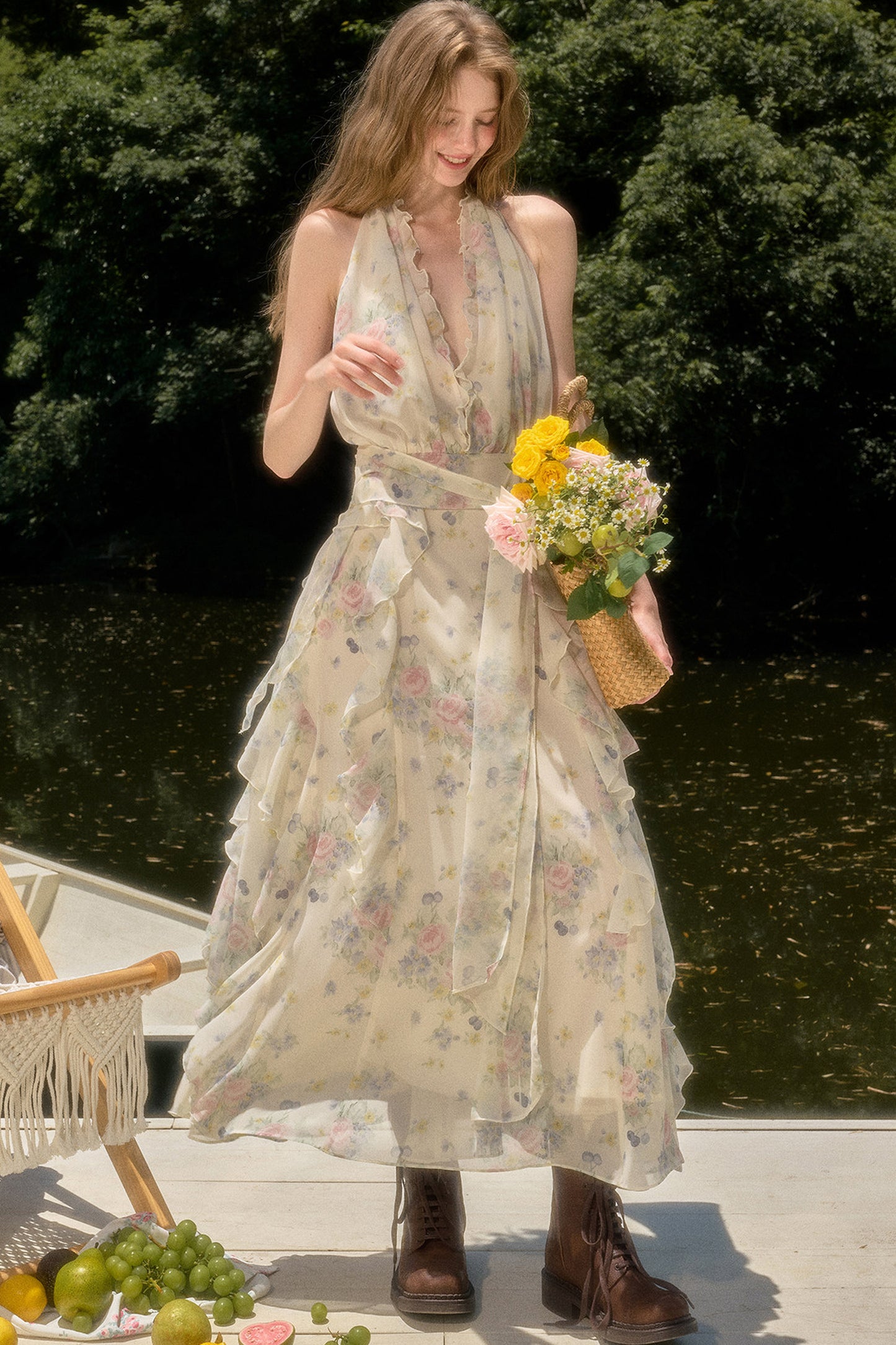 Floral Ruffle Sleeveless V-Neck Dress