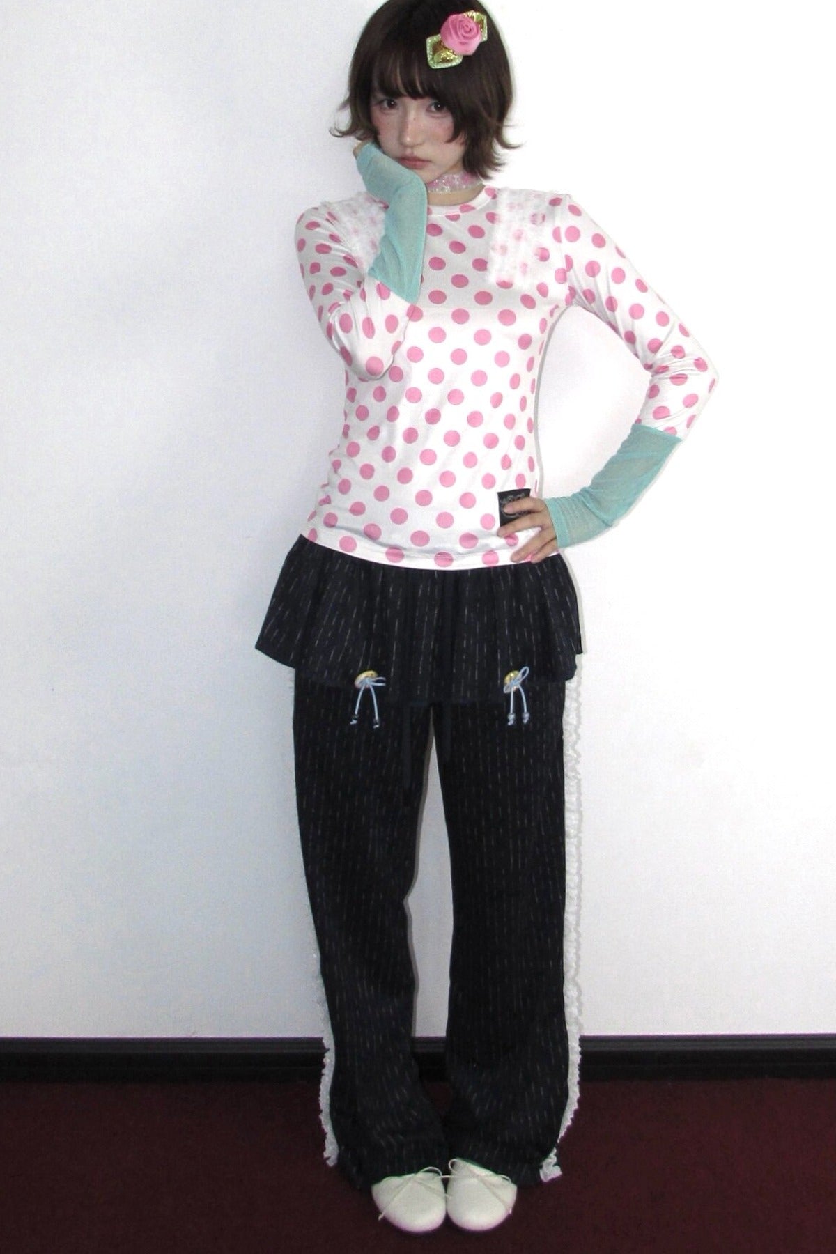 Polka Dot Mesh Long Sleeve Top