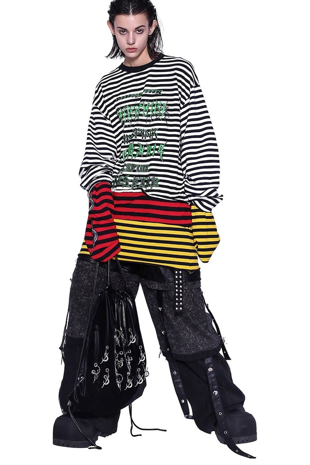 Stacked Stripes Patchwork Staggered Letter Print T-Shirt