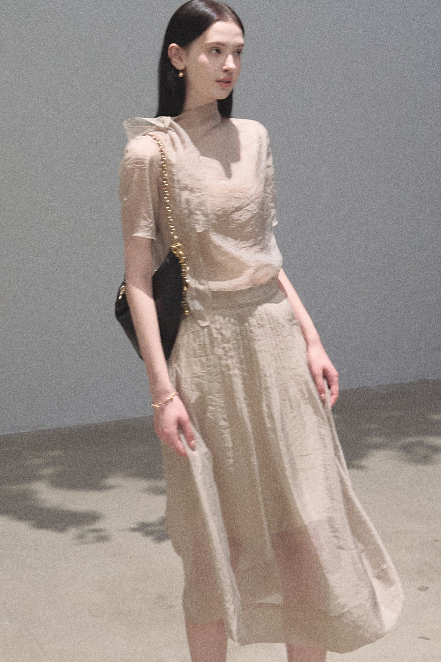 Short-Sleeved Chiffon Blouse and Pleated Mesh Skirt Set-Up