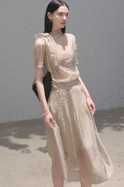 Short-Sleeved Chiffon Blouse and Pleated Mesh Skirt Set-Up