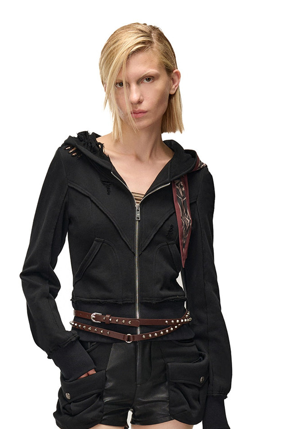 Lagenlook-Schal-Patchwork-Kapuzenjacke im Used-Look aus Sweatshirtstoff