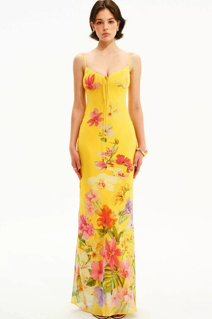 Tropisches handbemaltes Slipkleid mit Blumenmuster und V-Ausschnitt