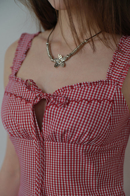 Red Gingham Ruffle Strap Dress