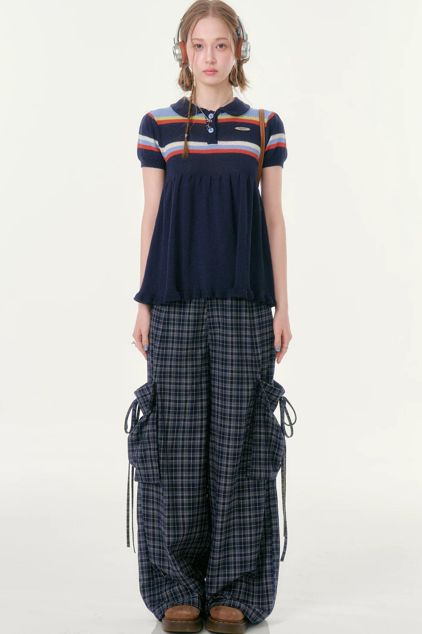 Dark Blue Plaid Wide-Leg Pants