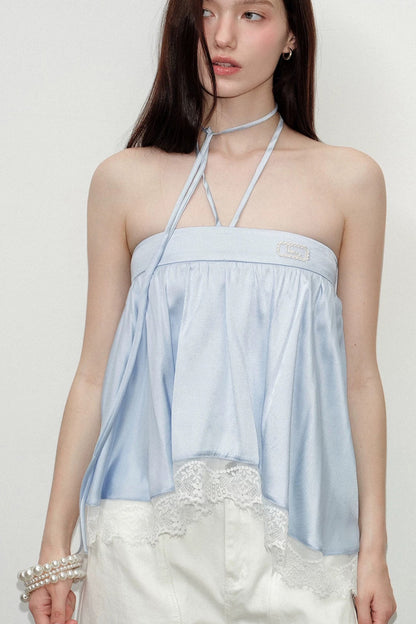 Blue Satin Lace Trim Halter Camisole