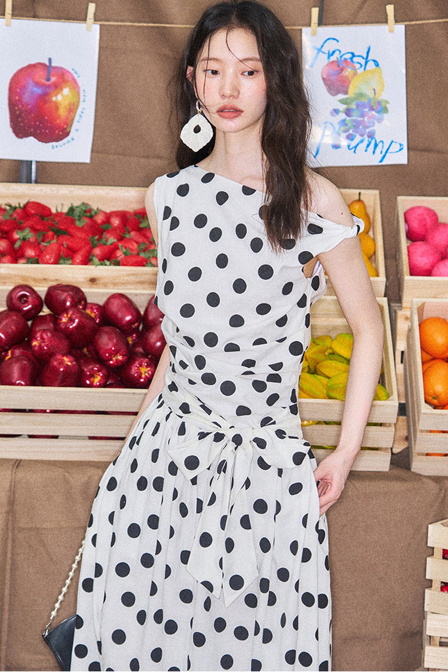 Off-Shoulder Polka Dot Twist Tie Dress