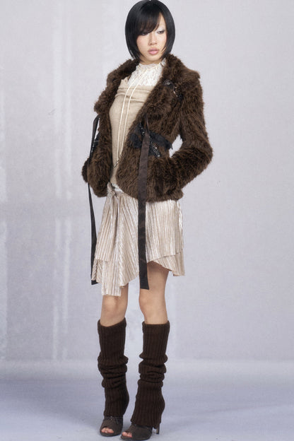 Pleated Metallic Asymmetrical Rhinestone Belted Skirt