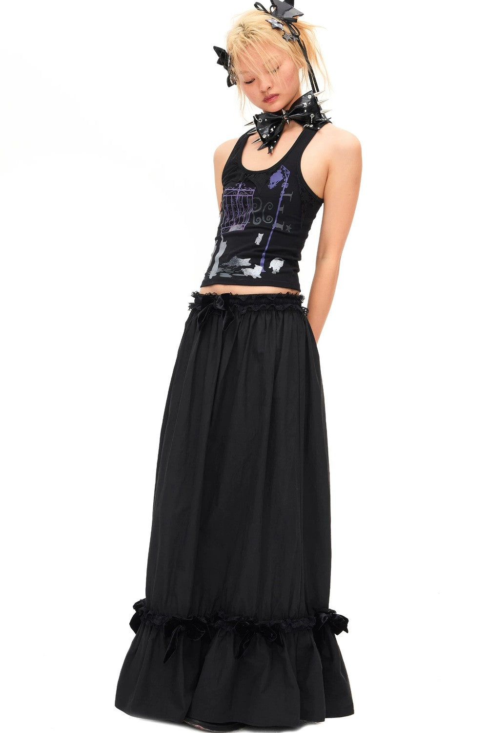 Velvet Bow Pleated Skirt