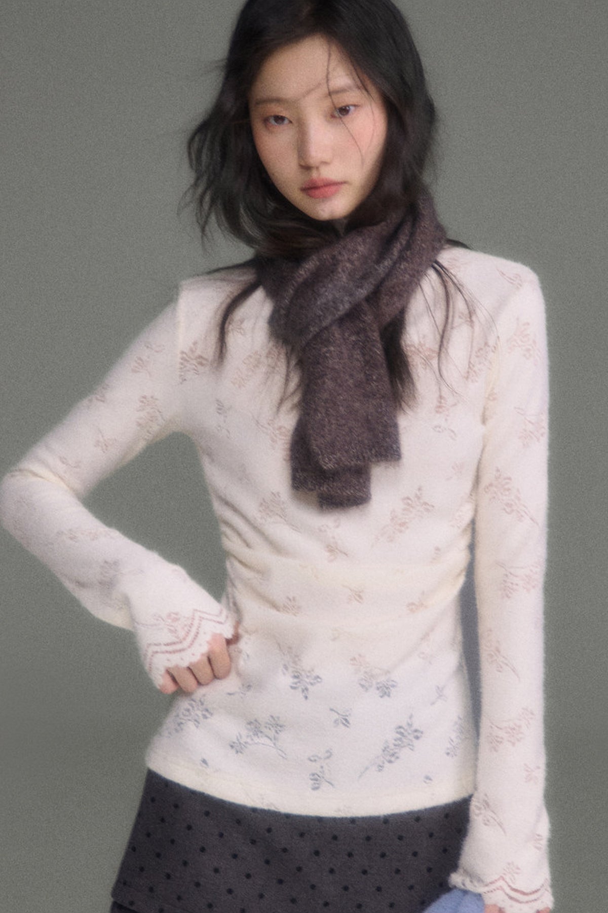 Youeruare Original Design Gardenia Mousse Hollow Lace Trim Knitted Base Shirt Long-Sleeve Top