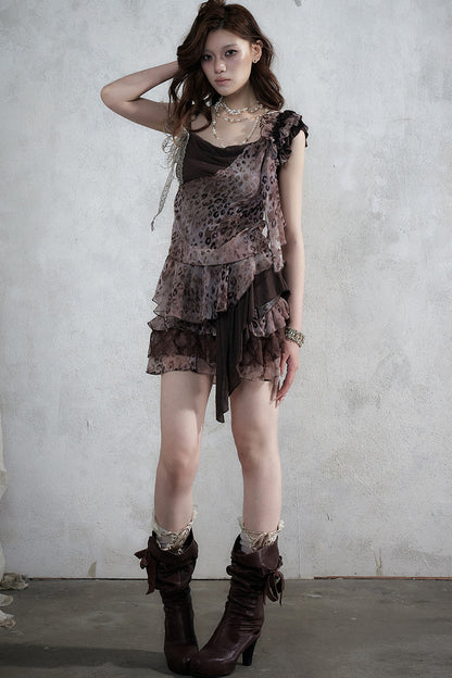 Leopard Print Layered-Look Strap Irregular Hem Dress