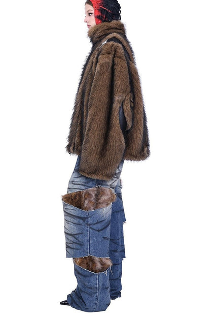 Leopard Fur Patched Loose Denim Jeans