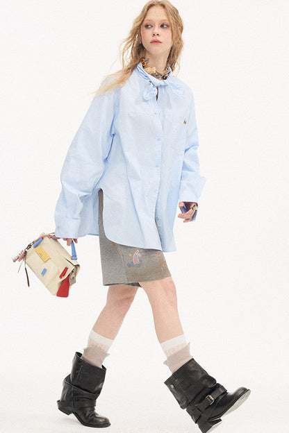 Washed Cotton Scarf-Style Blouse