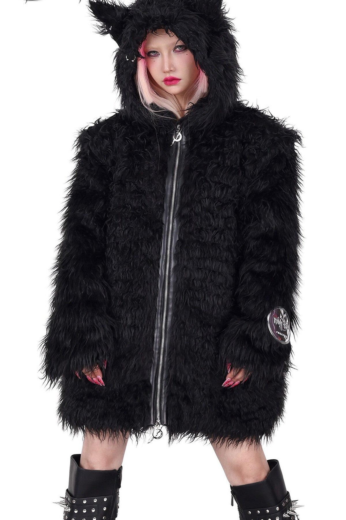 3D Cat Ears Hooded Faux Fur Jacket