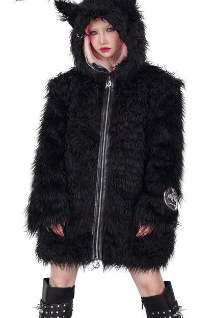 3D Cat Ears Hooded Faux Fur Jacket