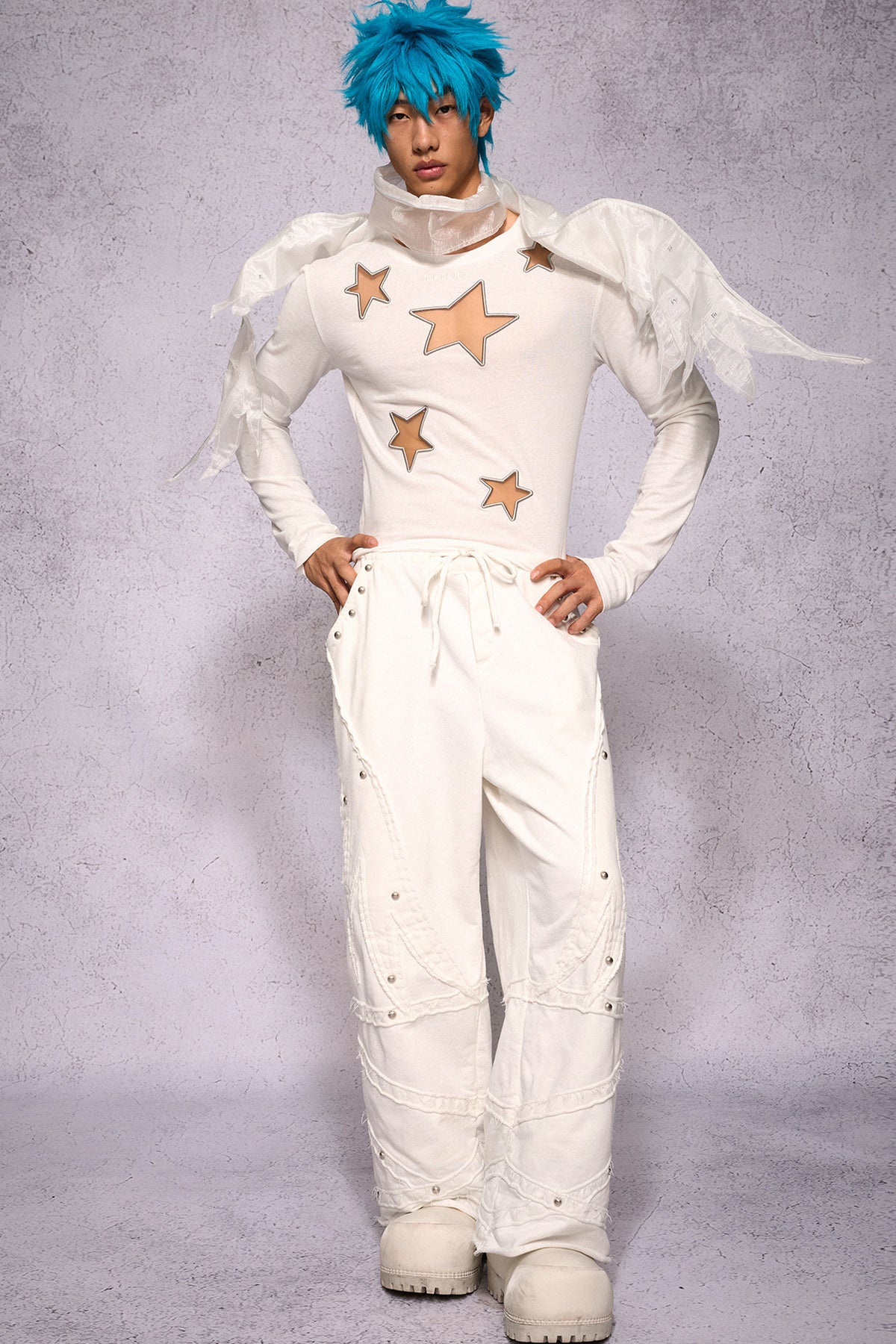 Star Hollow Mesh Embroidery Long-Sleeved Top