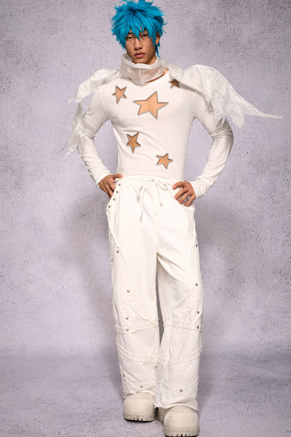 Star Hollow Mesh Embroidery Long-Sleeved Top