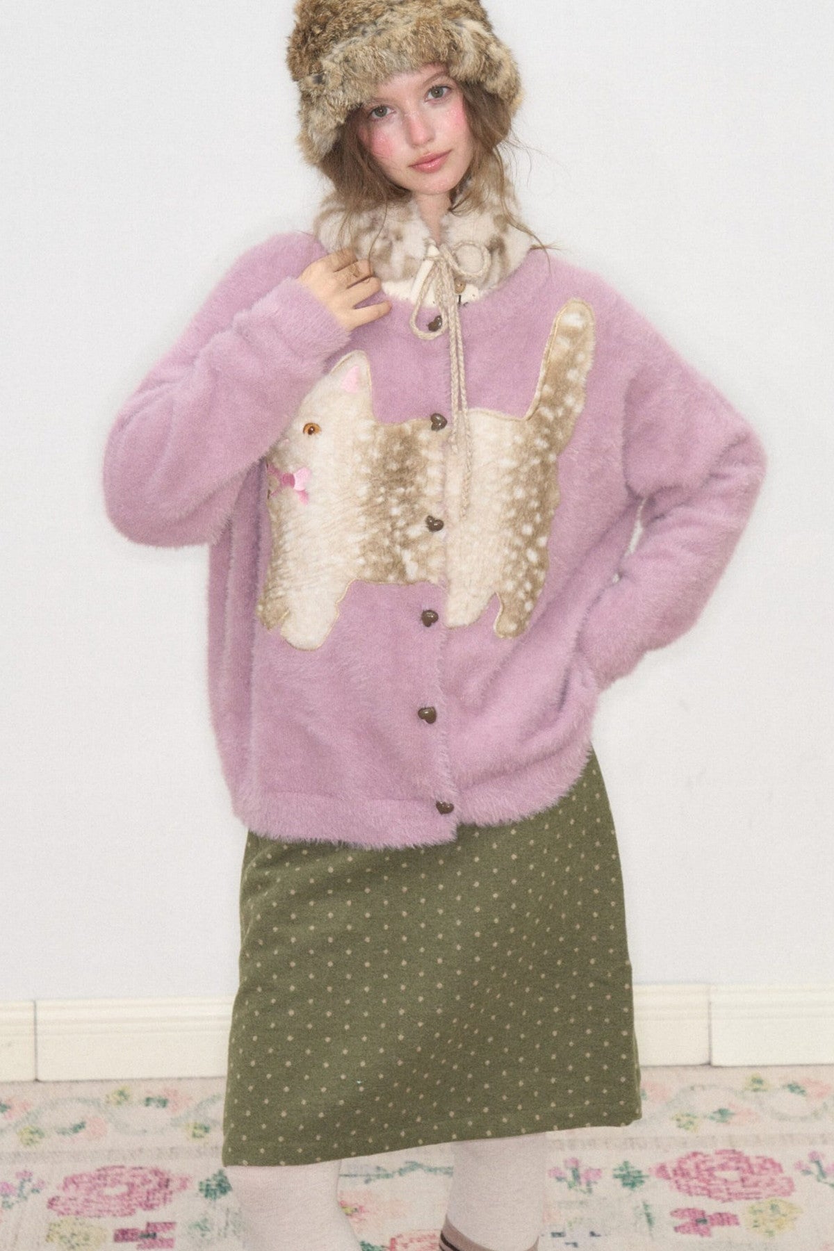 Purple Cat Patch Embroidery Cardigan