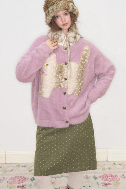 Purple Cat Patch Embroidery Cardigan