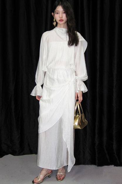 Moonlight Shawl Collar Bell Sleeve Shirt Tie-Up Skirt Set-Up