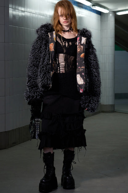 Cat Print Reversible Fur Coat