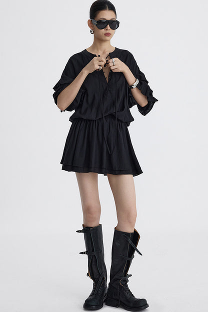 Black V-Neck Ruffle Lantern Sleeve Dress
